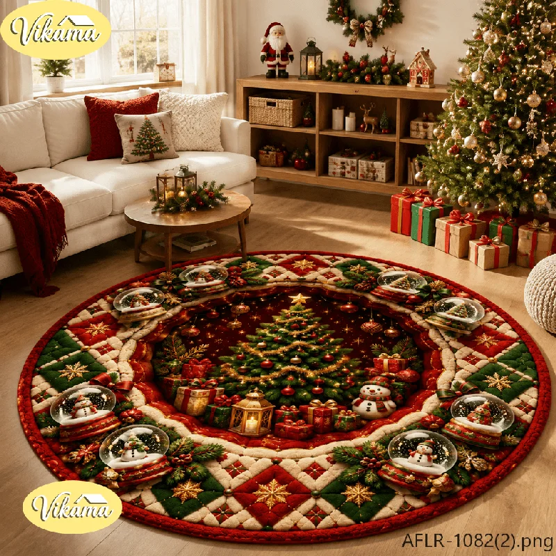 VIKAMA Christmas Round Rug, Farmhouse-Style Christmas Tree Decorative Non-Slip Living Room Rug, Bedroom Bedside Rug, Home Decor