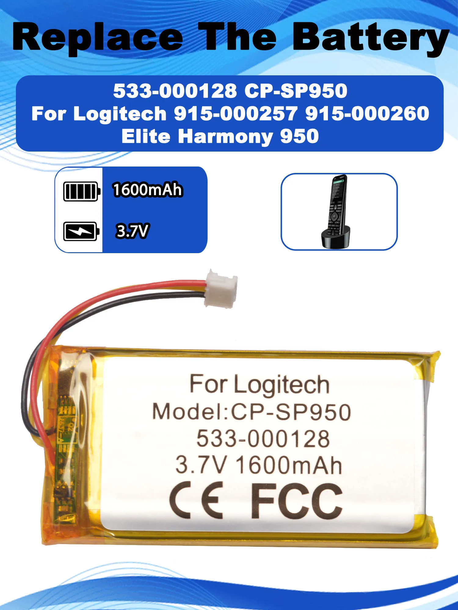 3.7V 1600mAh CP-SP950 Replacement Battery For Logitech 915-000257 915-000260 Elite Harmony 950 Batteria 533-000128