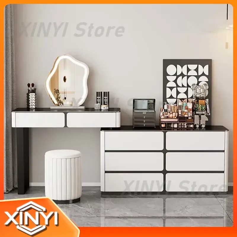 Aesthetic Black Glass Dressing Table Storage Stool Mirror Dresser White Modern Vanity for Bedroom Makeup Furniture for for