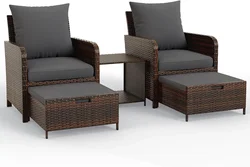 Balcony Furniture Patio Set with Ottoman, Patio Bistro Set 5 Piece Wicker Patio Furniture Set with Footrest for Front Porch