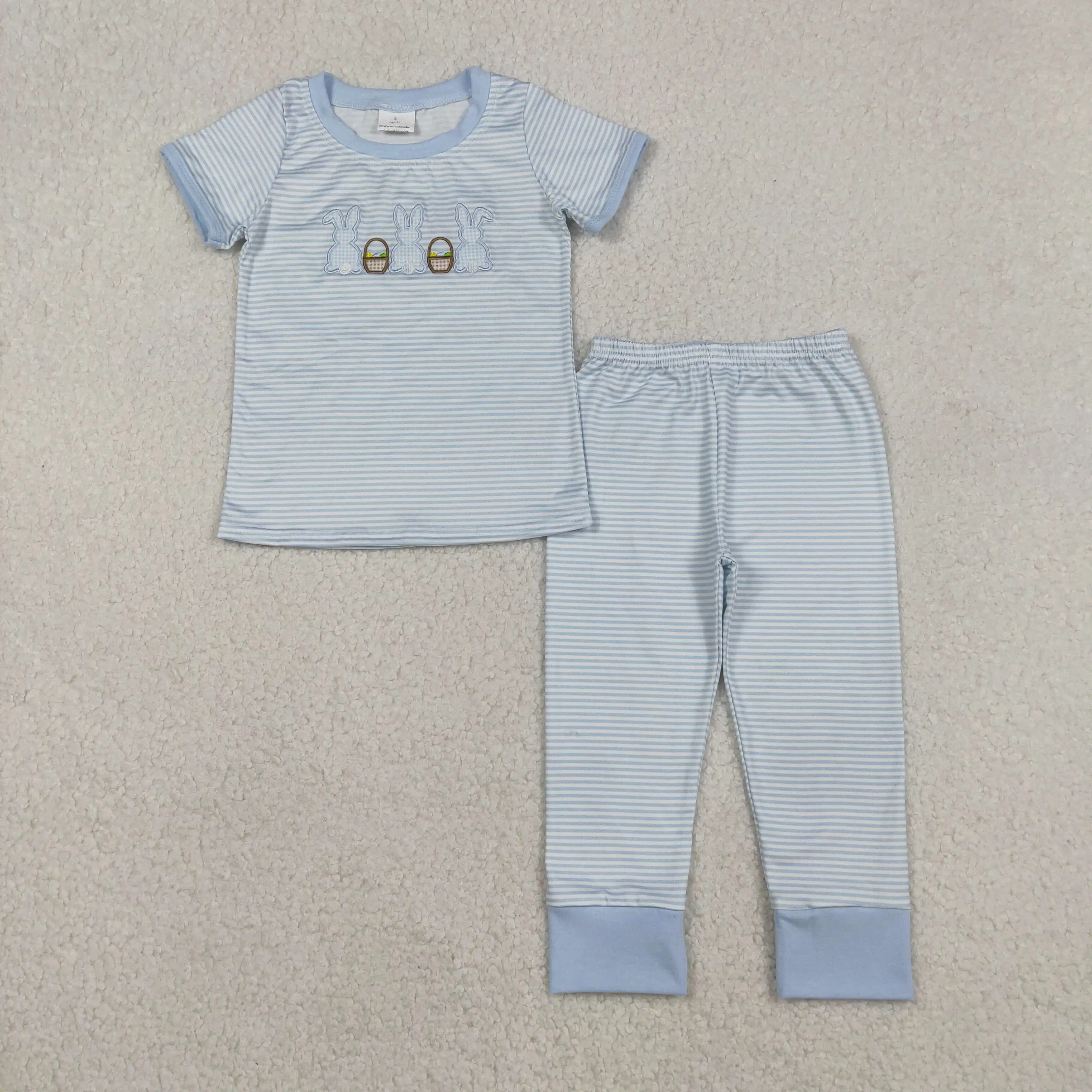 12.1 أرنب عيد الفصح سلة البيض الأزرق المشارب الأطفال بيجامة مجموعة قصيرة الأكمام السراويل الطويلة ملابس خاصة مع التطريز للأطفال