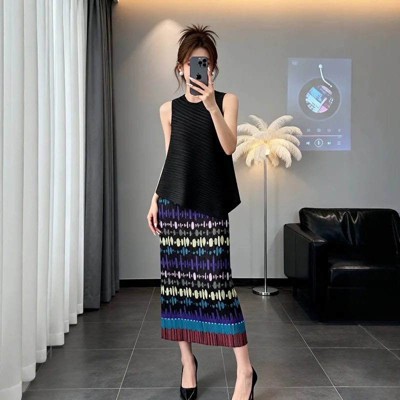 Miyake Pleated Skirt 2026 New Original Spring Summer Casual Fashion Slim Fit Pleated Comfortable Printed Colorful Sonic Print