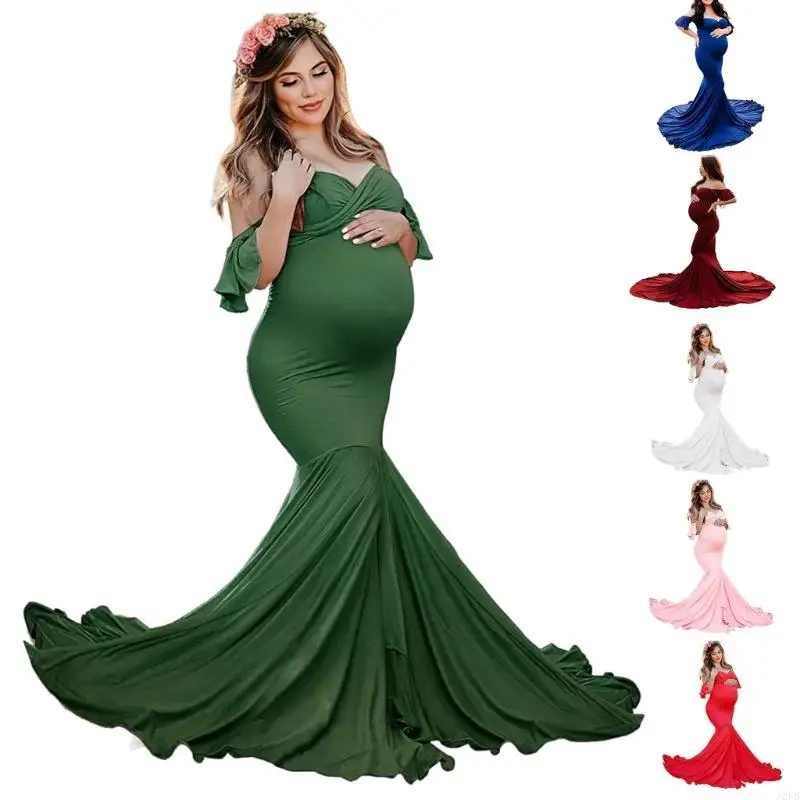 Elegant Maternity Dress With Ruffle Sleeve And Crossed V Neck For Pregnant Women Photography Dressing A2UB