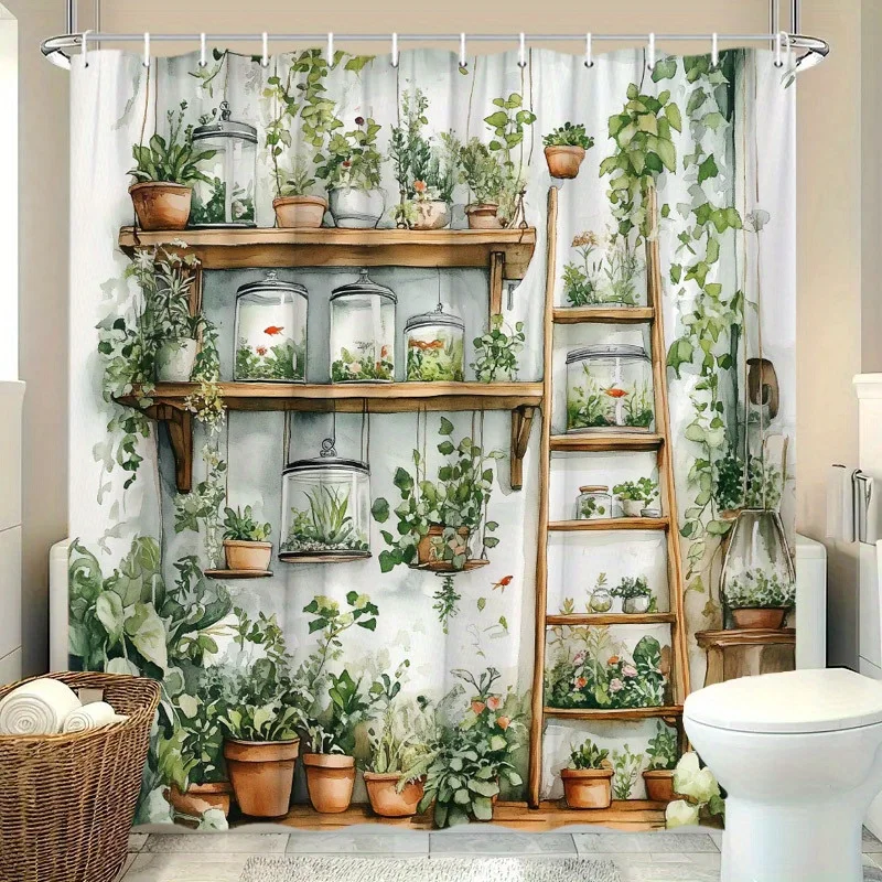 1pc Botanical Greenhouse Scene Shower Curtain - Watercolor Flowers, Butterflies & Goldfish Design in Lush Potted Plants - Durabl