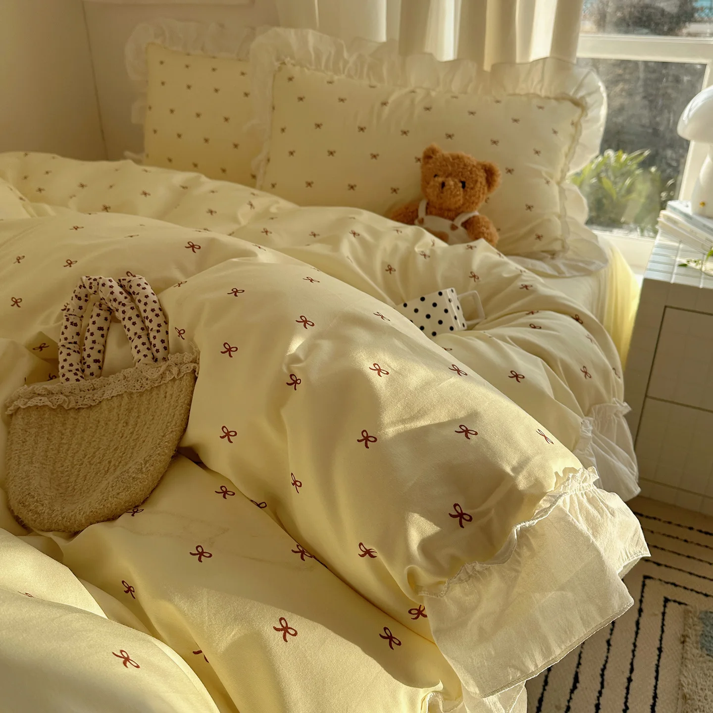 3/4Pcs Bedding Set Korean Princess 100% Cotton Pink Bed Sheet Ruffle Couple Quilt Duvet Cover Beddings Sets Full For Home