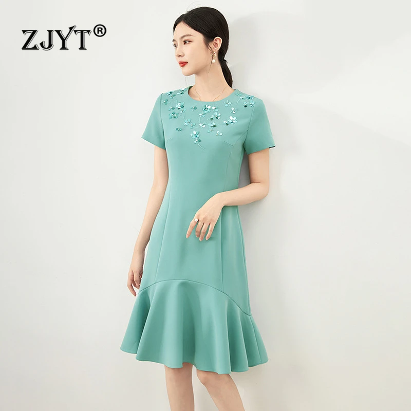 

ZJYT Summer Elegant Dresses for Women Designer Beading Ruffles Hem Knee Length Party Prom Dress Short Sleeve Simple Casual Robe