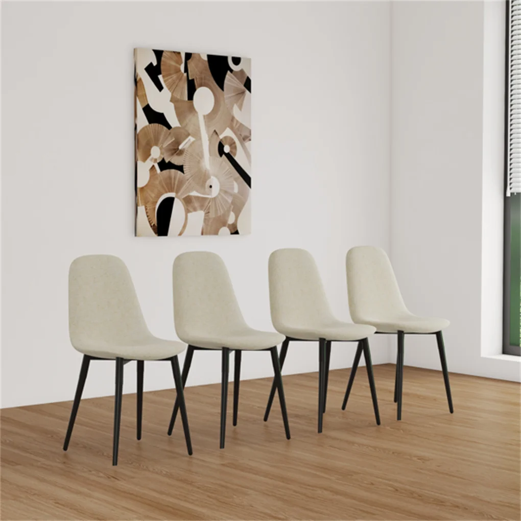 4PCS/SET Dining Chairs Modern Accent Chairs with Linen Fabric Upholstered Seat, Spoon Shape Kitchen Chair with Black Metal Legs