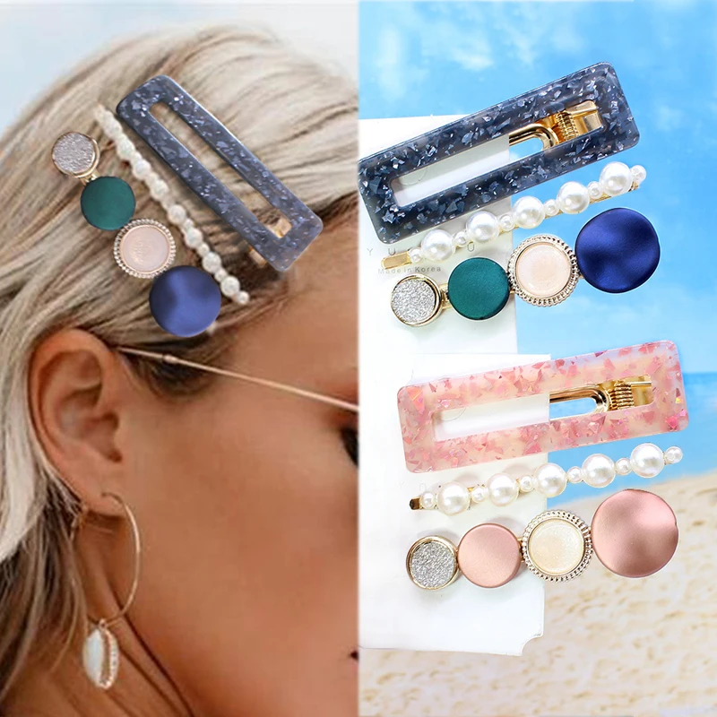 

2023 New Acrylic Pearl Metal Hairpins for Women Girls Geometric Barrettes Hair Clips Set Fashion Hair Accessories Jewelry