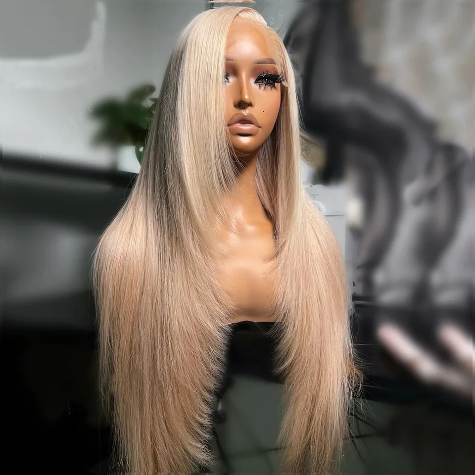 Perruque Lace Front Wig synthétique lisse sans colle, 13x6, partie latérale/centrale/libre, blond cendré, douce, pre-plucked, 28 pouces, densité 180
