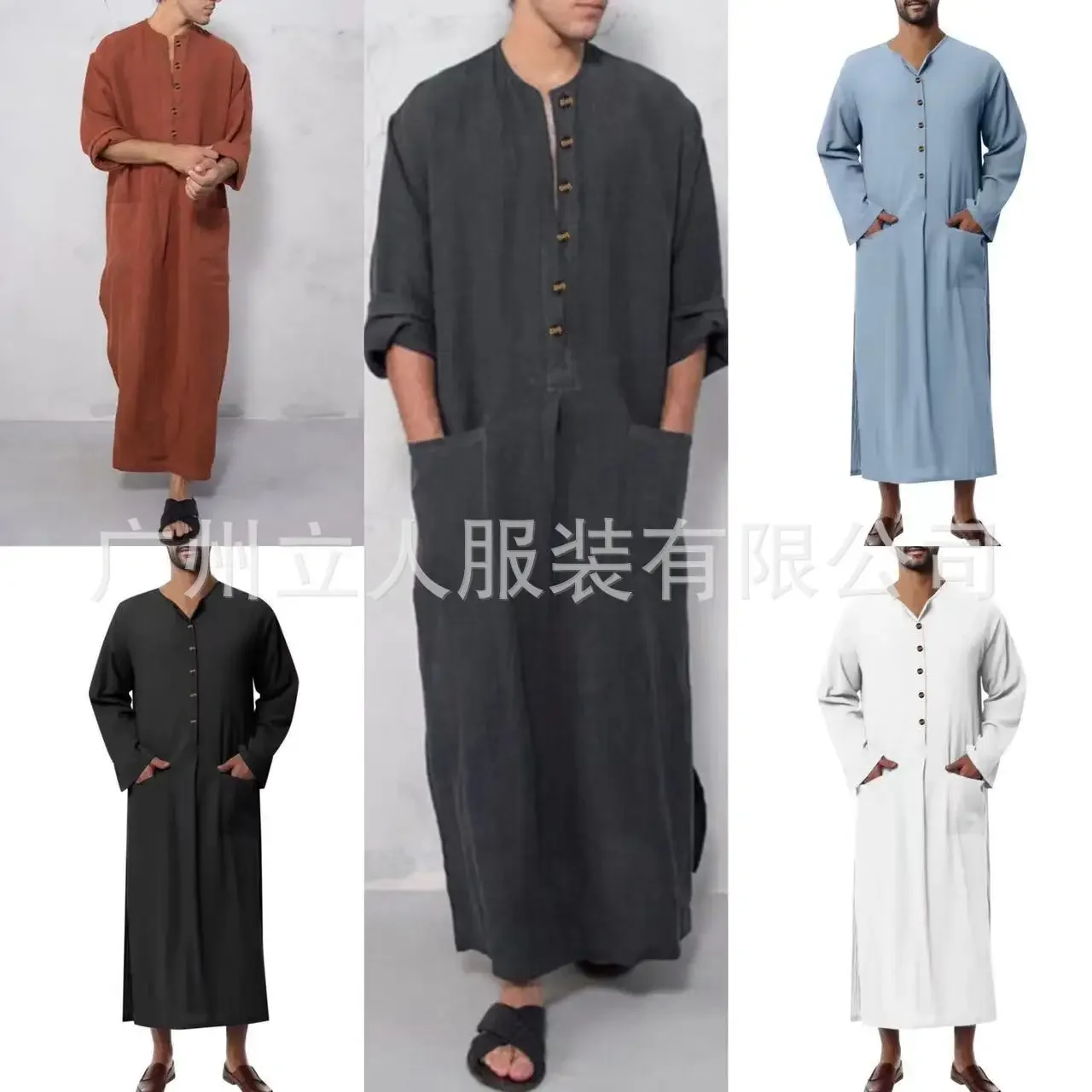 Men Stand Collar Jubba Thobe Long Robe Muslim Fashion Abaya Dubai Single Breasted Button Abayas Men Ramadan Arab Modest Pockets