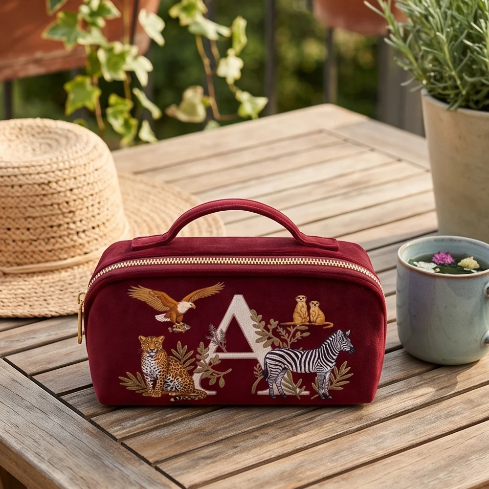 animal Makeup Organizer Imitation Embroidery Style Velvet Pouch For Women Travel Makeup Organizer Cosmetic Bag Unique Gift