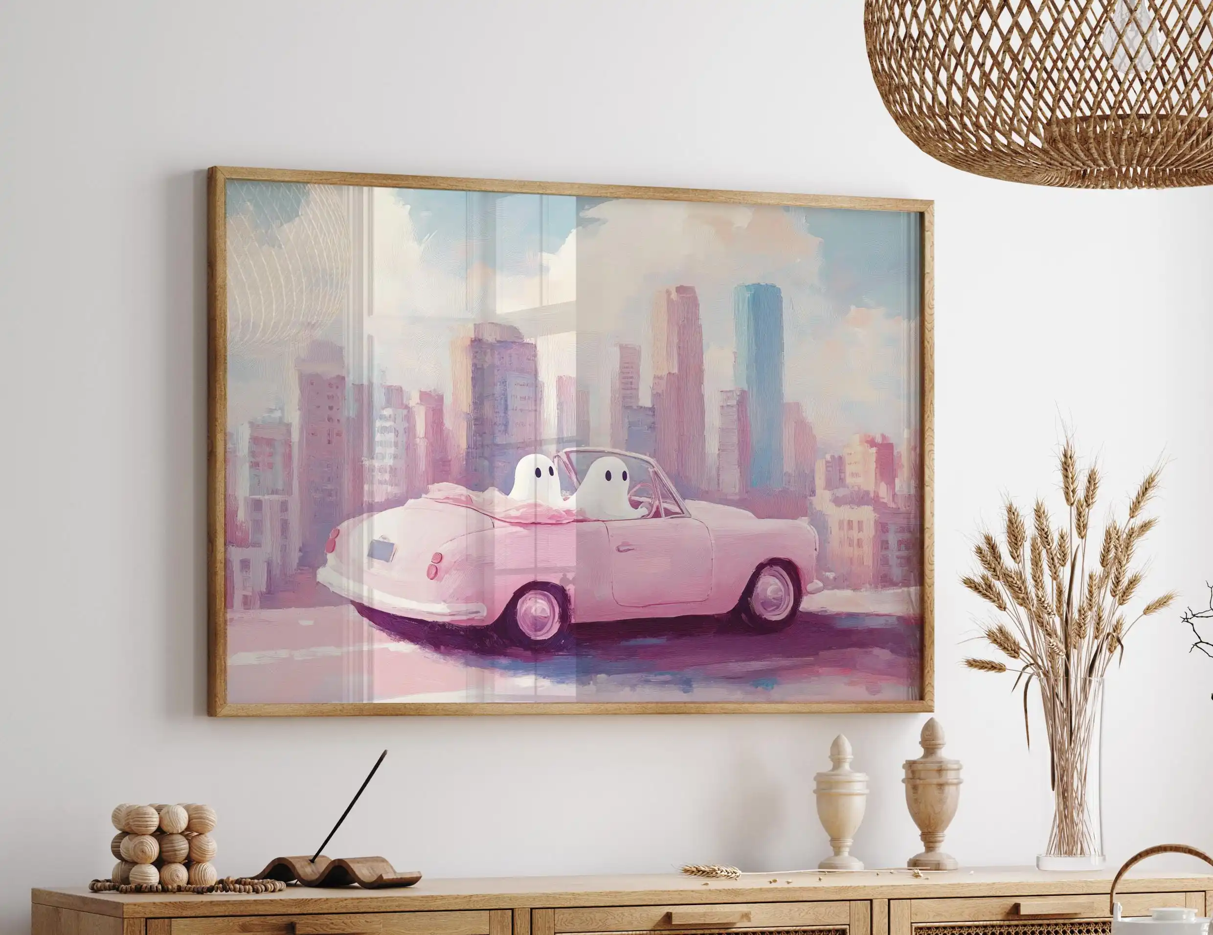 Ghosts Riding A Car Canvas Painting Aesthetic Halloween Canvas Print Girly Spooky Decor, Pink Halloween Poster for Bedroom Decor