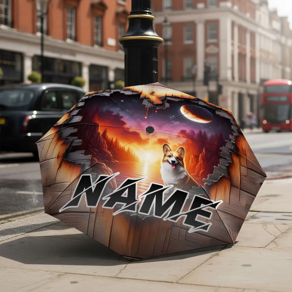 Custom Name umbrella, Enchanting Sunset Scene with Corgi and Moon Fashion Folding Umbrella for Daily Use, Christmas Gift