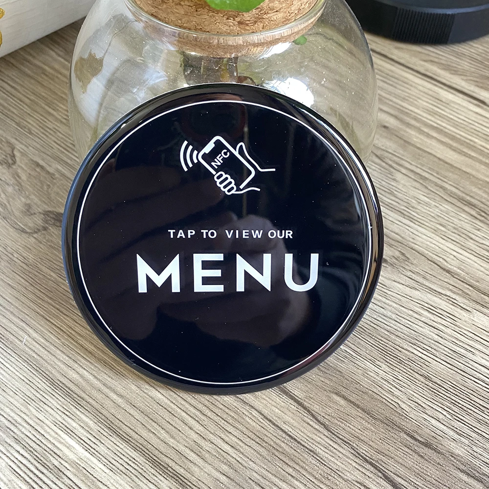3.93inch Round Shape Black White NFC Menu Plate Sticker Quick link to your Digital Menu