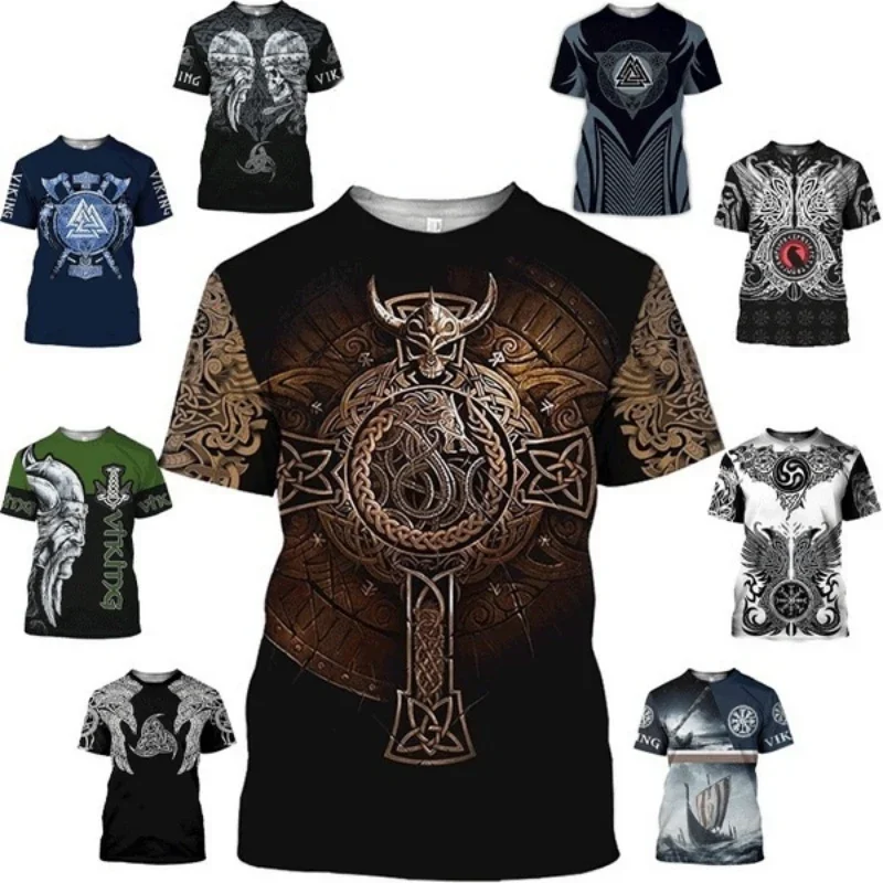 

Women Men Viking Tattoo Art Skull Graphic T-Shirt 3D Print Fashionable Men's Clothing Vikings Short Sleeves Plus Size XXS-6XL