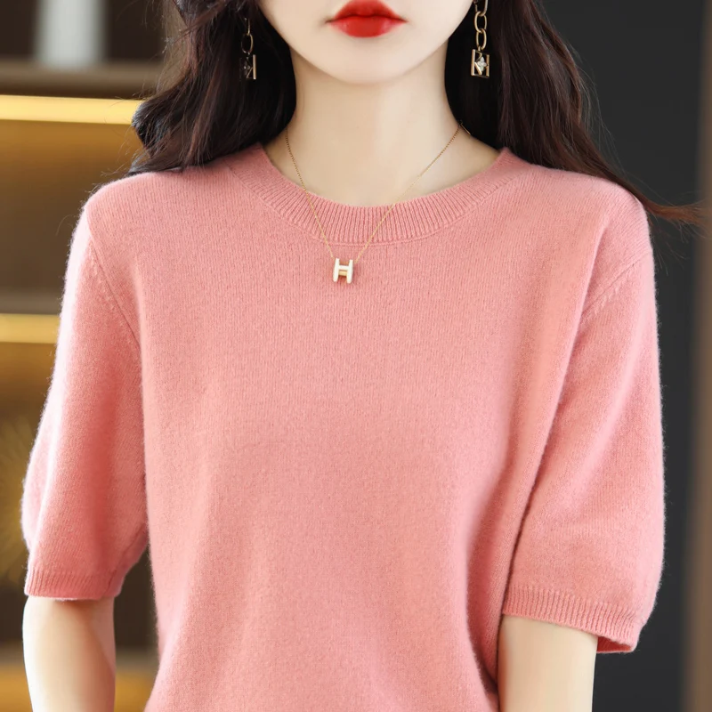 Hot Sale 100% Merino Wool Knit Jumper Women\'s Sweaters And Pullovers Autumn Female O-Neck Clothing Short Sleeve Soft Tops Spring