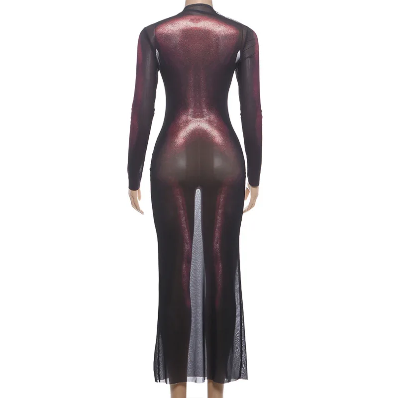 Yomesugar Mode 3D Body Print Lange Jurk Vrouwen Sexy Asymmetrische Hals Volledige Mouw Bodycon Maxi Jurken Party Club Streetwear