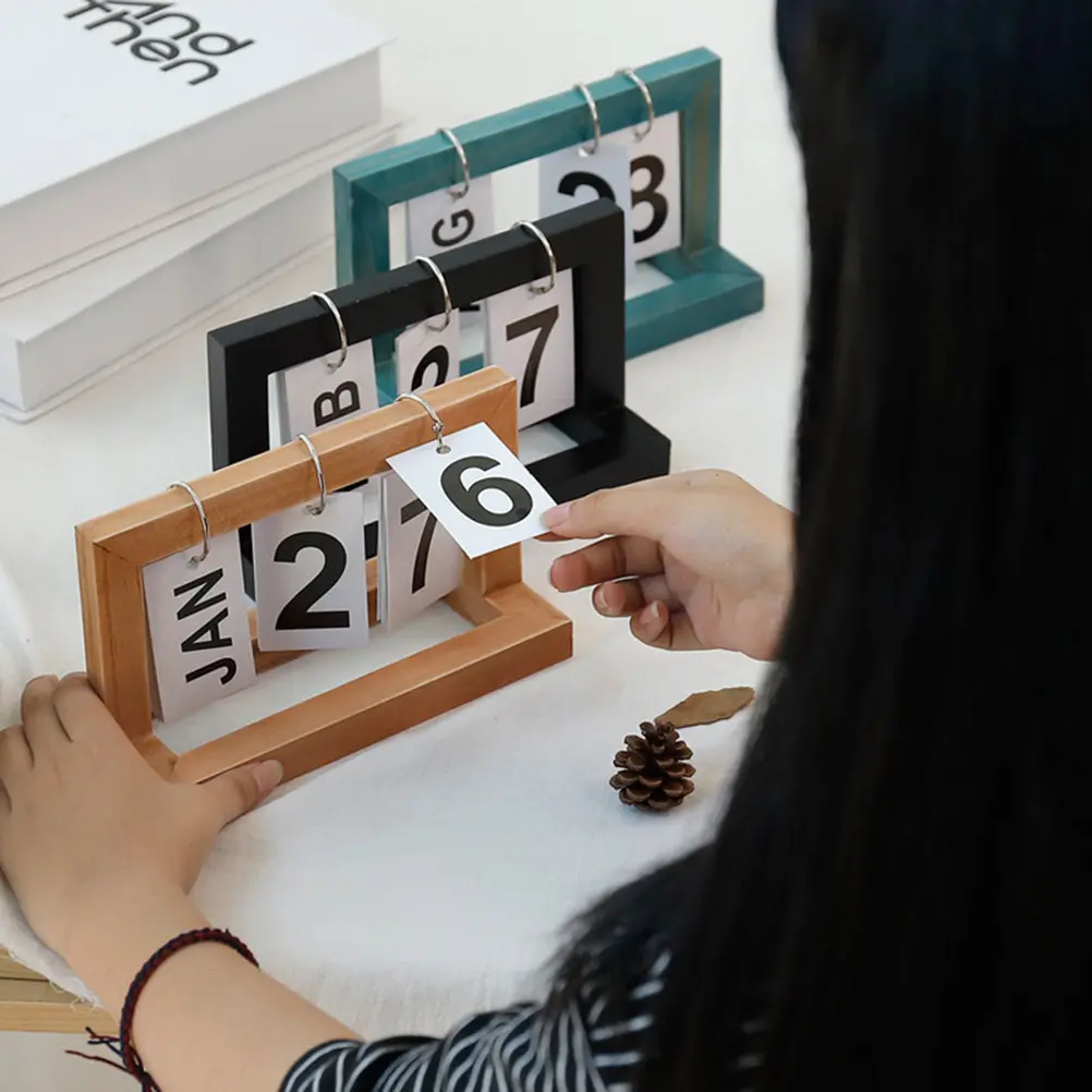 

Premium Wooden Calendar Page Turning Desk Calendar for Home Office Decor Creative Minimalist Design with Steady Wood Bracket