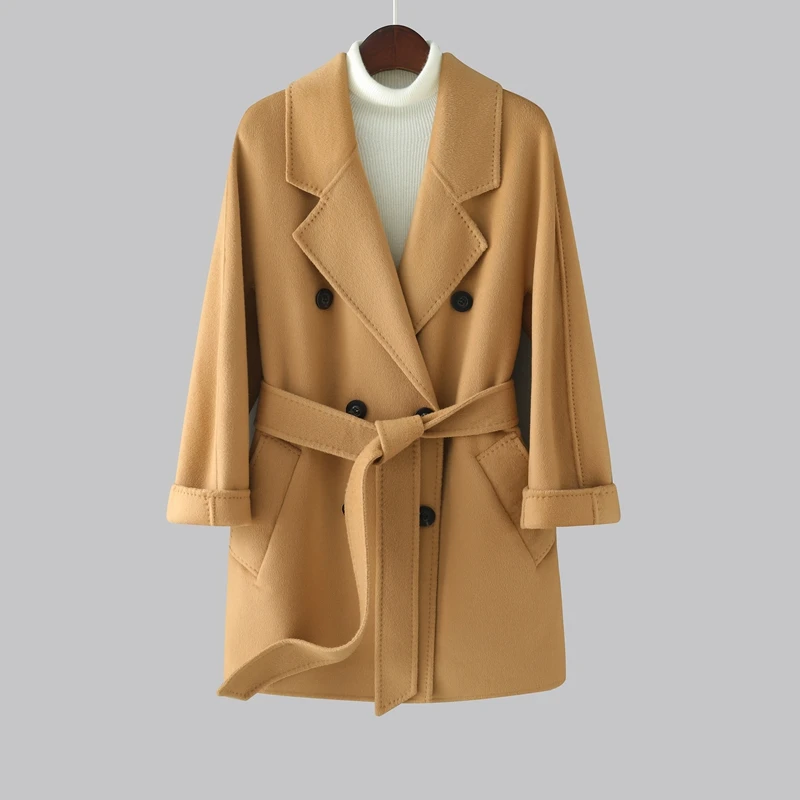 Women's 100% cashmere coat casual solid color lapel coat short double-sided woolen coat double-breasted cardigan belt pocket