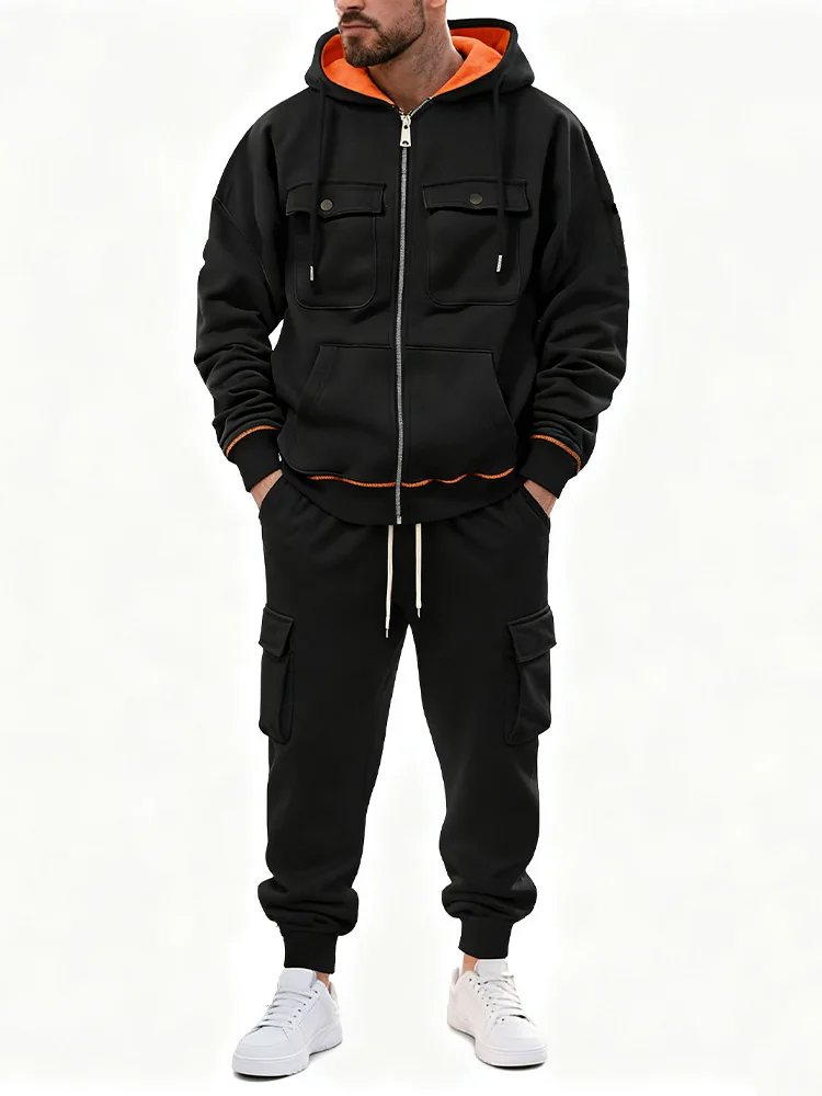 

2025 Autumn Winter Men's Solid Color Hoodie+Jogging Pants Two-piece Set Fashion Multi-Pocket Casual Sportswear Men's Tracksuit