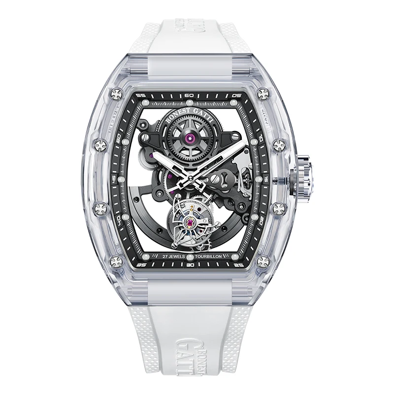 

BONEST GATTI Men Tourbillon Watch Automatic Mechanical Wristwatch Acrylic Tonneau Case Rubber Strap Watches For Men