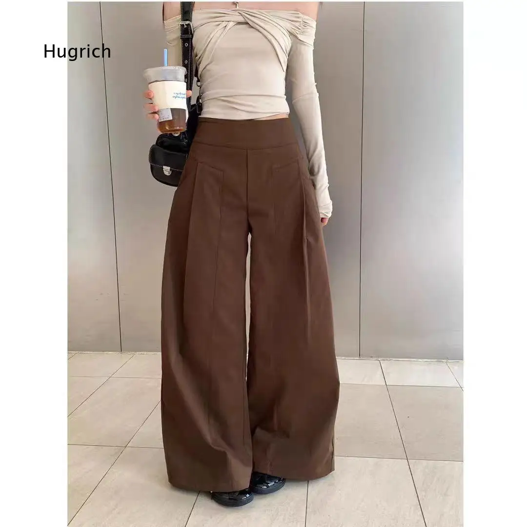 Relaxed Fit High Waist Wide Leg Pants For Women Front Vertical Seam Pleated Design Long Trousers With Side Pockets Daily Wear
