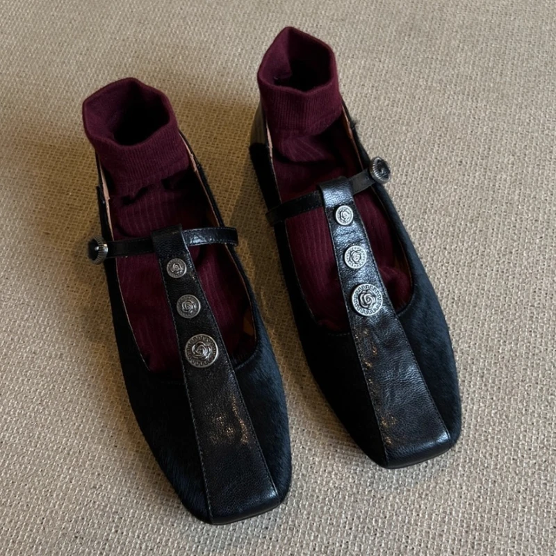Zapatos Mary Jane con decoración de Metal de leopardo Retro para mujer, zapatos informales con punta cuadrada y hebilla a la moda, zapatos planos cómodos de cuero suave para mujer
