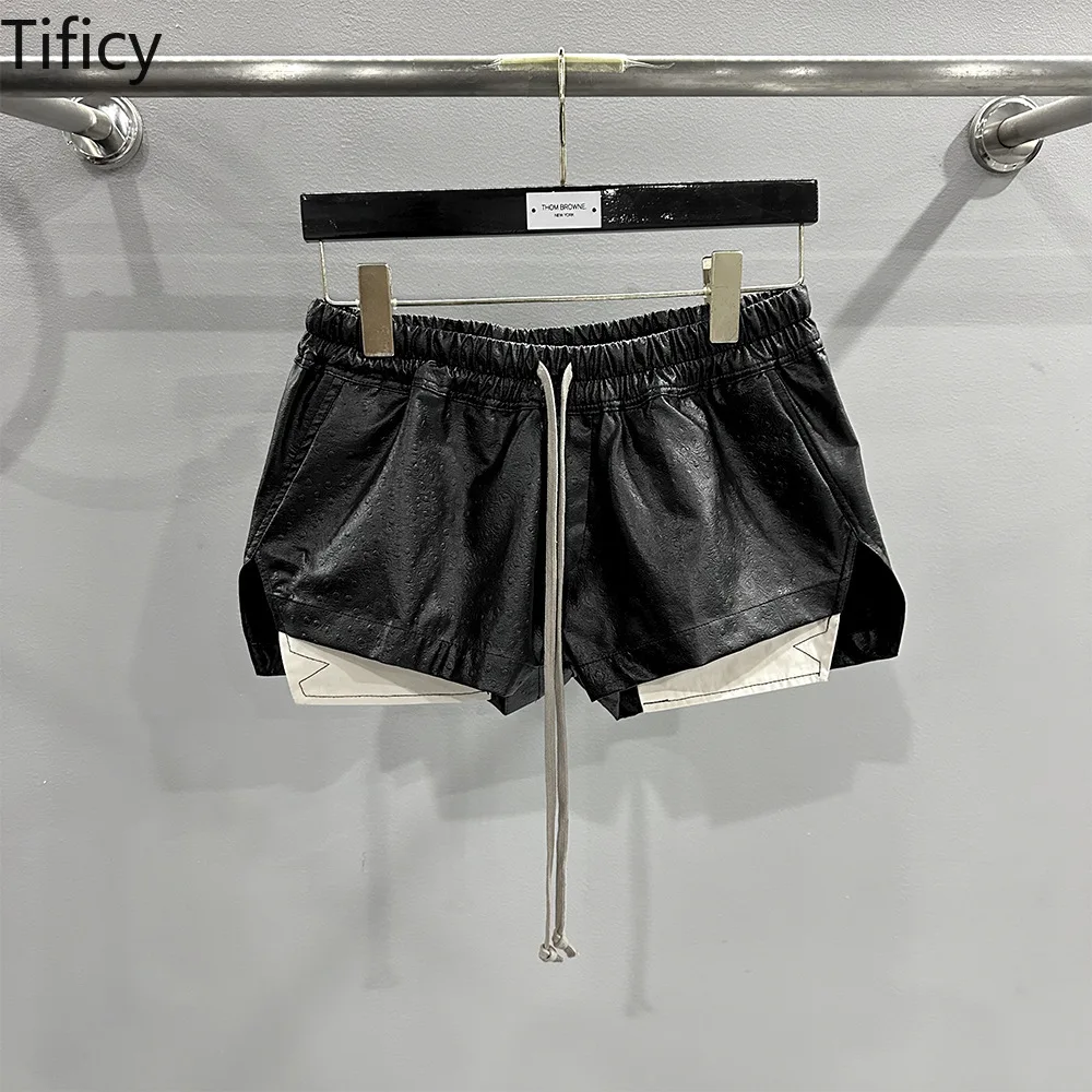 TIFICY Women's New Fashionable Color Blocking Faux Leather Embossed Lace Up Casual Shorts with Hip Coverage