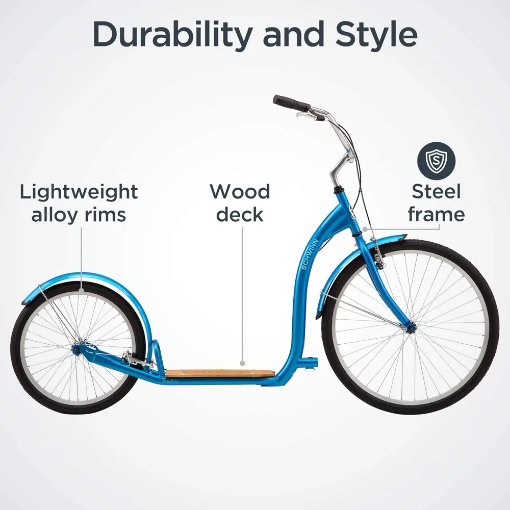 Shuffle Mens and Womens Kick Scooter, Big 26-Inch Air Filled Front Wheel, 20-Inch Rear Wheel, Beach Cruiser Styled Handlebars