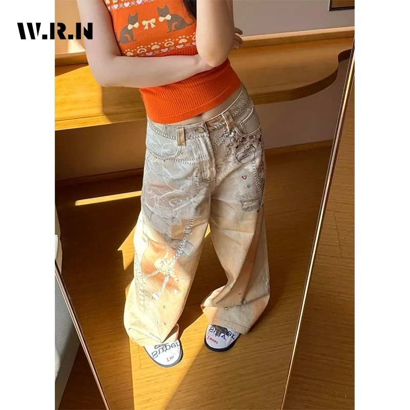 

Vintage Punk Style Harajuku Print Jeans Women Casual Sexy Mop Pants 2025 Summer Y2K Aesthetic Street Full Length Denim Trouser