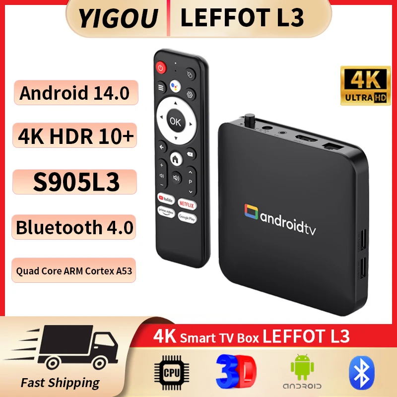 LEFFOT L3 Smart TV Box 2 ГБ 16 ГБ Amlogic S905L3 Android 14.0 4K HD BT Google Voice Remote Media Player Домашний Android Set Top Box