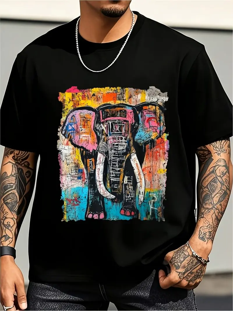 Men's Retro 90S Pop Art Elephant Graffiti T-Shirt Vintage Streetwear Tee With Iconic 90S Round Neck Short Sleeve Shirt Tee