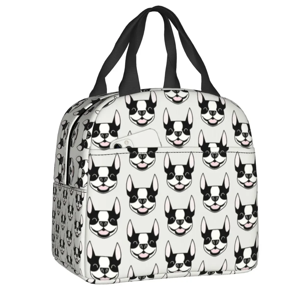 Smiling Boston Bull Terrier Dog Portable Lunch Box Women Waterproof Puppy Pet Cooler Thermal Food Insulated Lunch Bag Kid School