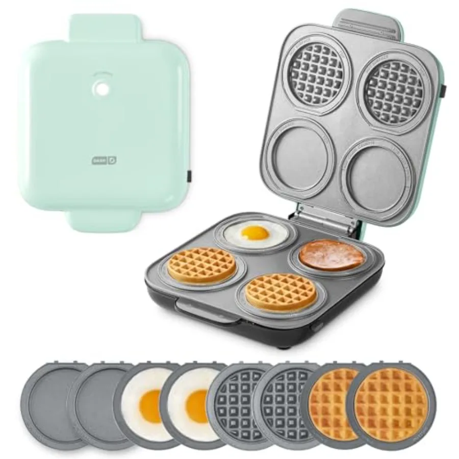 

Система MultiMaker Family Mini Maker с двумя керамическими антипригарными поверхнями для приготовления, встроенным устройством для хранения шнура, для приготовления вафель диаметром 4 дюйма, цвет аква.