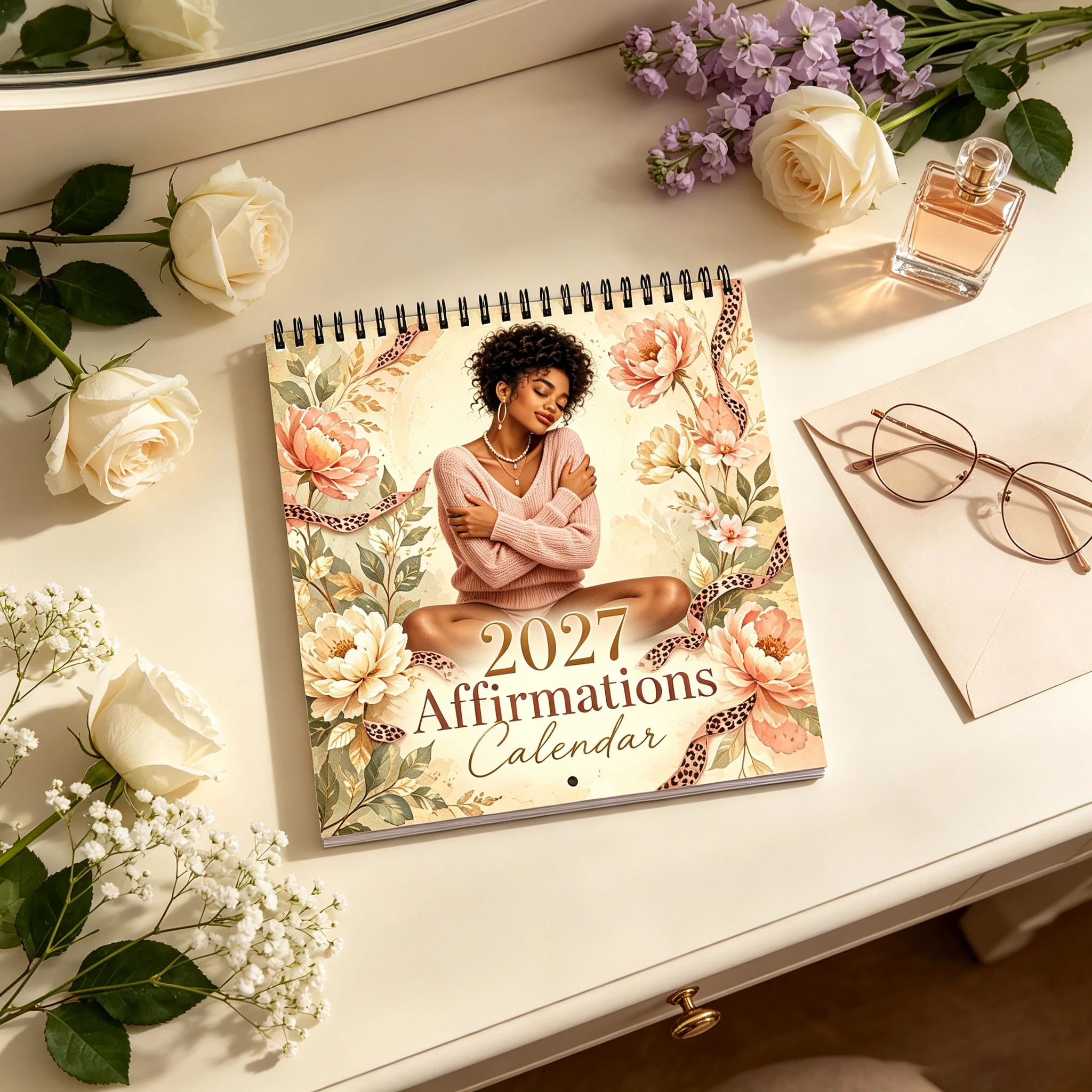 2027 Affirmations Wall Calendar, 12-Month Inspirational Self Love Calendar for Women, Floral Art Spiral Monthly Planner, Positiv