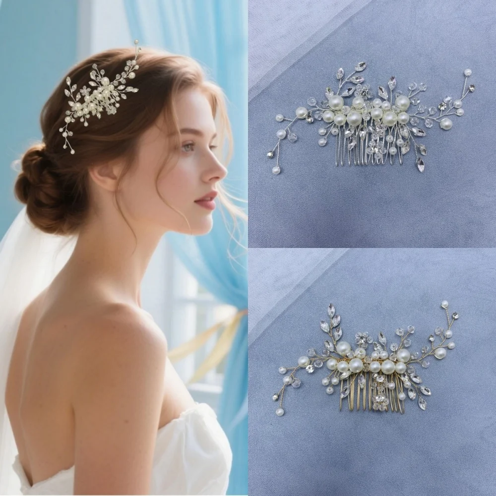Handmade Fashion Pearl Leaf Hair Comb Clip Crystal Flower Hairpin Bridal Wedding Hair Accessories Jewelry Hair Comb Clip Hairpin