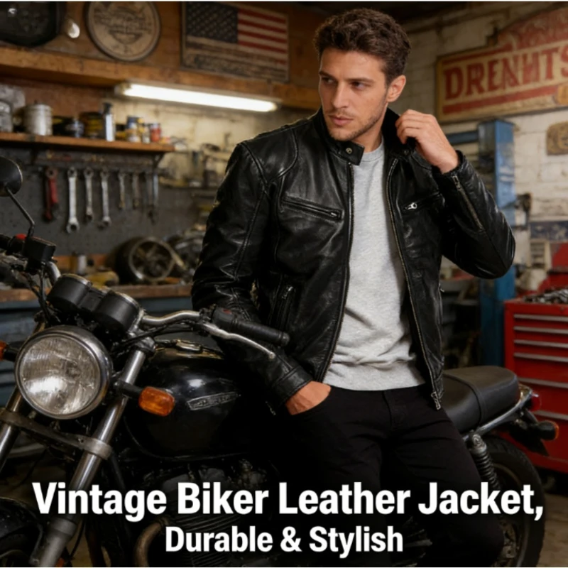 

Men's Leather Jacket with Zip Pockets Stand Collar Punk Biker Jacket for Teens and Adults