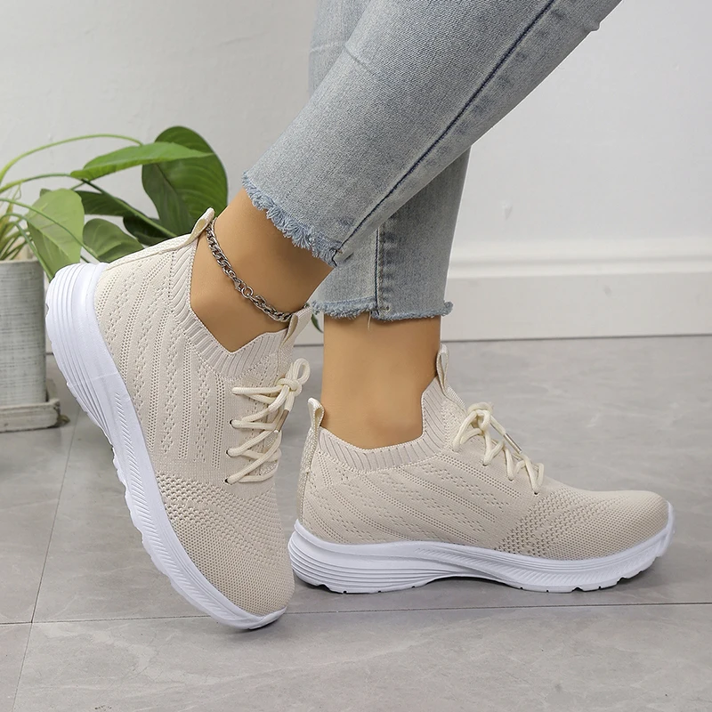 

Spring and Autumn Knit Flat Shoes Women 2023 Lace Up Breathable Mesh Sneakers Woman Casual Soft Sole Loafers Female Plus Size 43