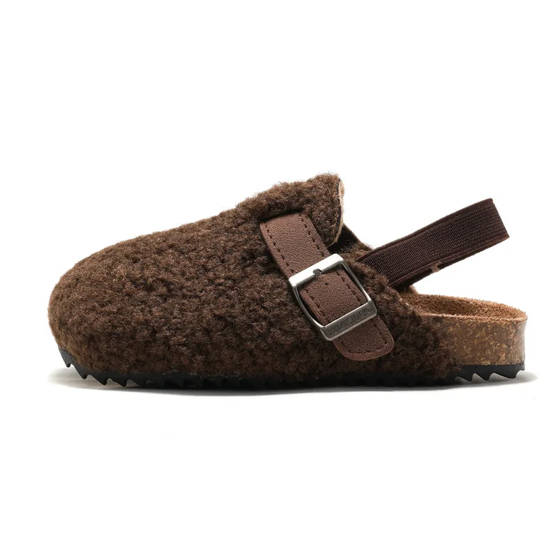 Kind Baby Jungen Mädchen Warme Fuzzy Slipper Plüsch Sandalen Kork Kunstpelz Wohnungen Kleinkind Prewalker Slipper Elastischer Rückengurt