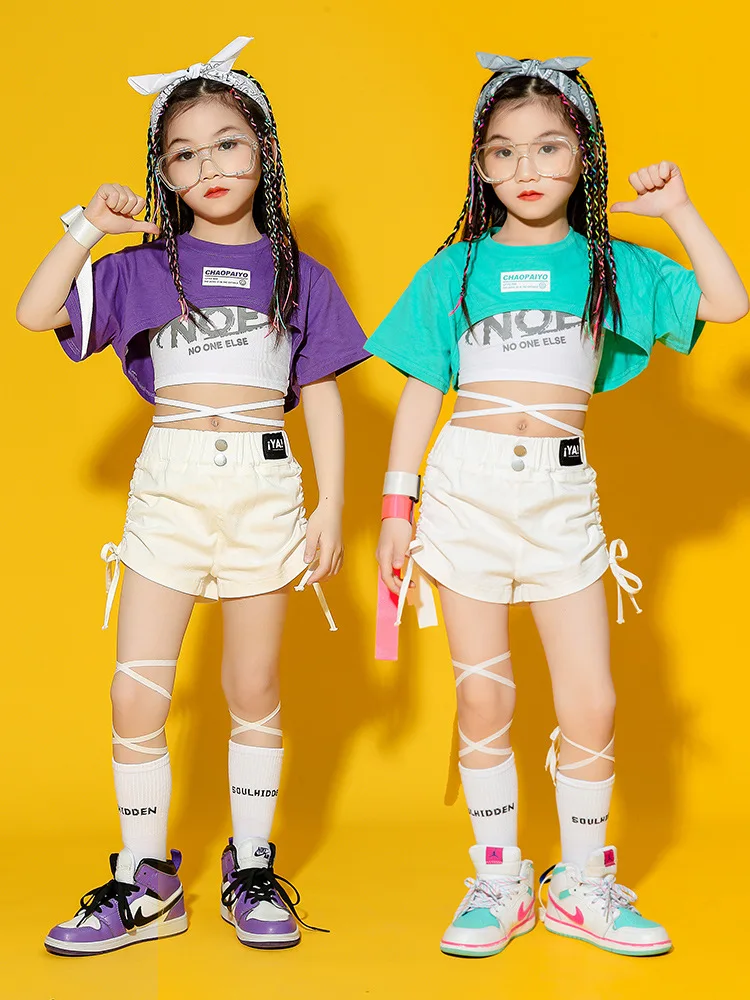 Kids Jazz Dance Dress Fashion Model Open Umbilical Suit Girl Hip Hop Dancing Costumes Teenage Streetwear Performance Outfits