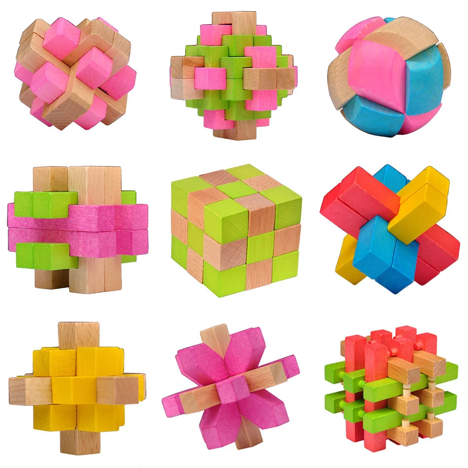 

3D Wooden Educational Toy Colorful Kong Ming Lock Lu Ban Lock IQ Brain Teaser Interlocking Burr Puzzles Game Classical Toy Kids
