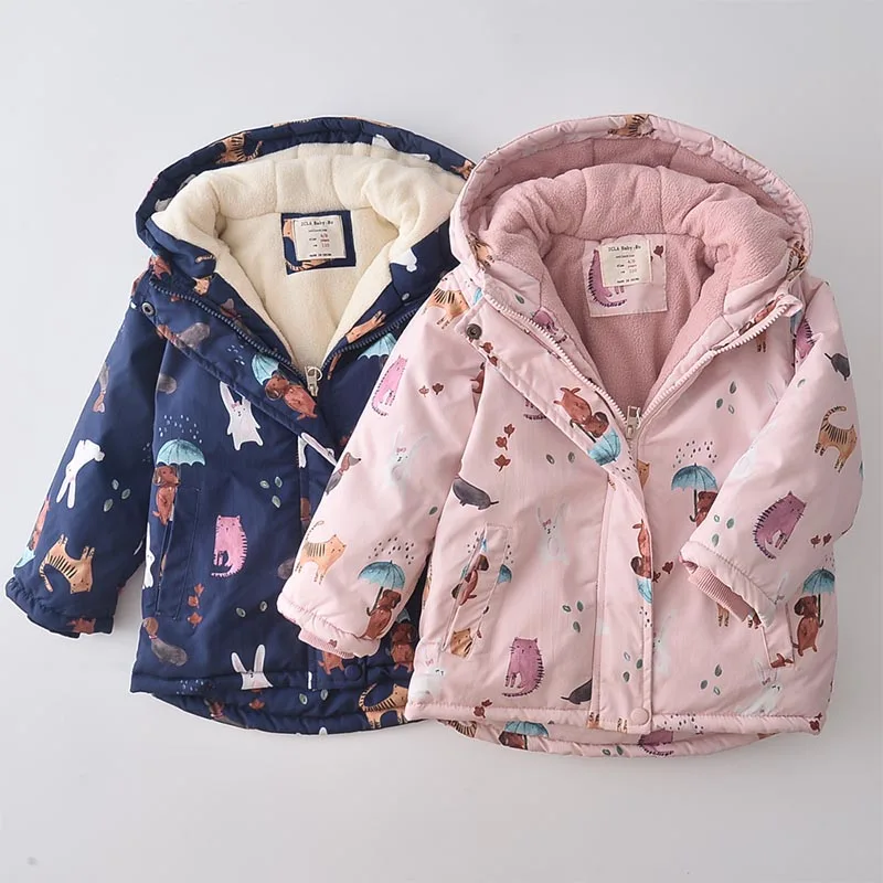 Kids Winter New Cartoon Printed Weather Resistant Girl's Thick Hooded Cotton Jacket With Added Fleece Children Outwear Kids Coat