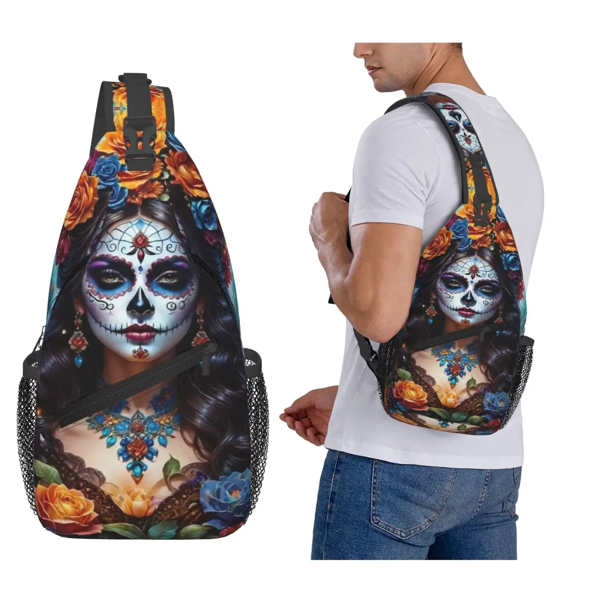 

Мексиканская Catrina с сахарным черепом, женская нагрудная сумка, мужской рюкзак через плечо на слинге, нагрудная сумка, дорожный походный рюкзак, сумка на плечо