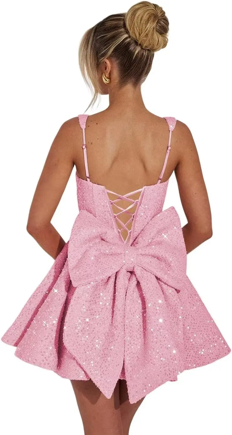 스팽글 홈커밍 드레스 리본 장식 2025 스퀘어 넥 숏 프롬 파티 드레스 청소년용 무릎 위 미니 홈커밍 드레스