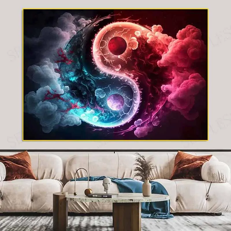 Classic Colorful Yin and Yang Canvas Painting, Chinese Philosophy Wall Art Pictures, Abstract Landscape Posters for Living Room