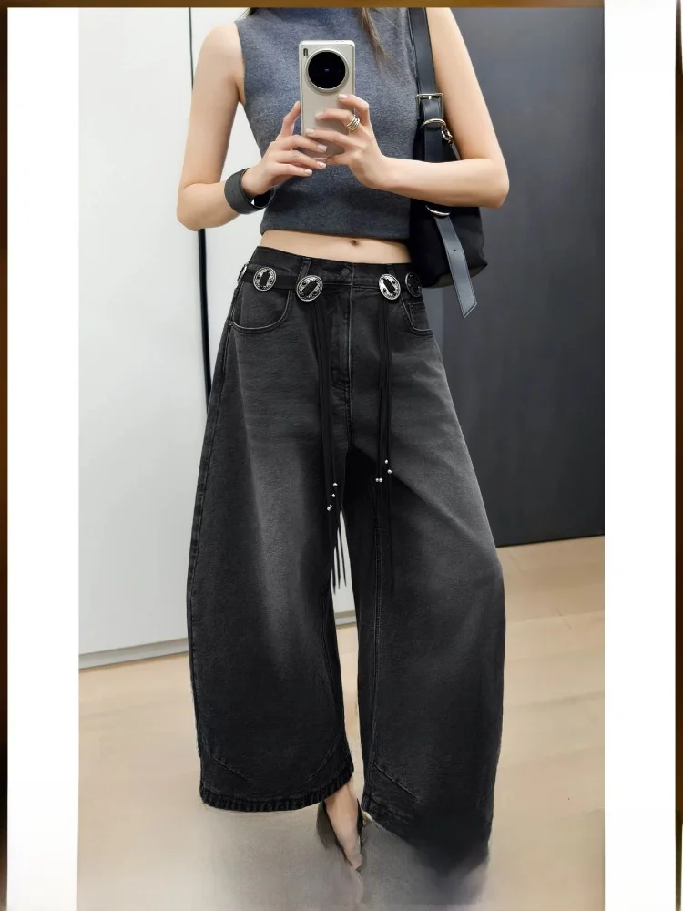 

Meiyang Retro Wide Leg Pants Loose Fit Balloon Style High Waist Zipper Closure Casual Denim Jeans for Women Summer Season