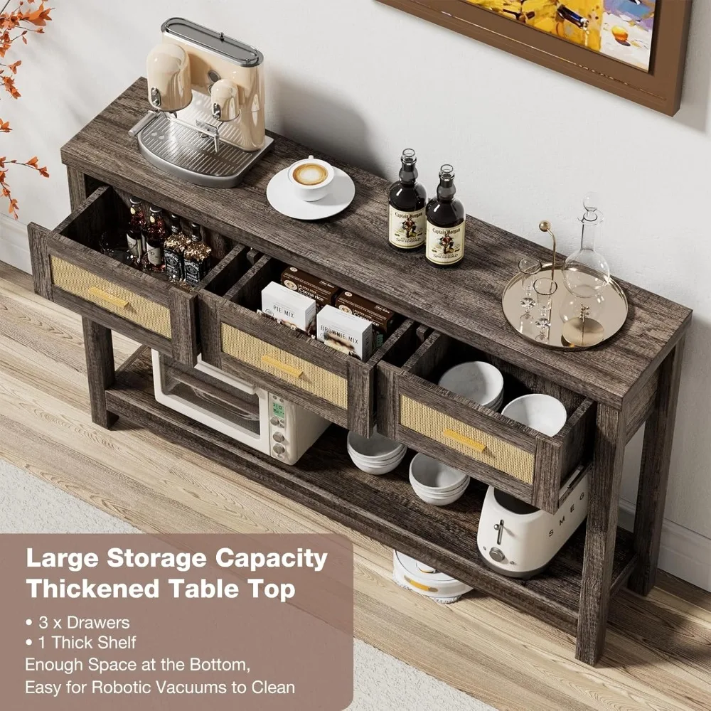 طاولة كونسول ضيقة من طبقتين على الطراز الصناعي مع 3 أدراج ورف تخزين للمدخل والأريكة #6