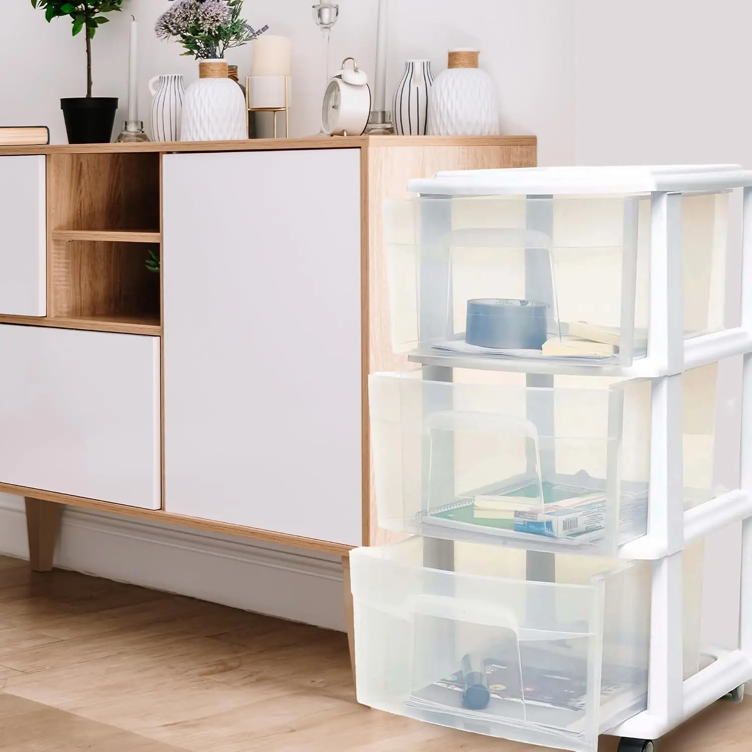 2 Pack 3 Tier Clear Plastic Drawer Storage Organizer Cart White Frame Mobile Utility Containers On Wheels For Home Bathroom Bedroom Office Classroom