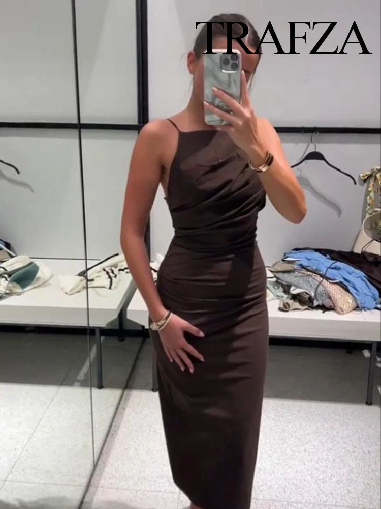 

TRAFZA Women's Summer Sexy Slim Sleeveless Long Dress 2 Color Solid Folds Decorate Slit Zipper Female Fashion Backless Dresses