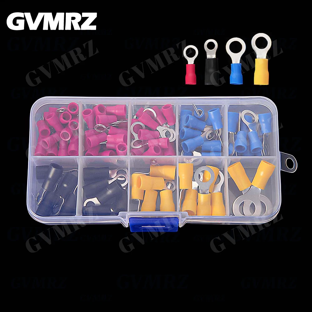 102 peças rv1.25 rv2 rv3.5 rv5.5 conectores de cabo de fio elétrico isolado anel talões kit de terminais de friso vermelho amarelo preto azul